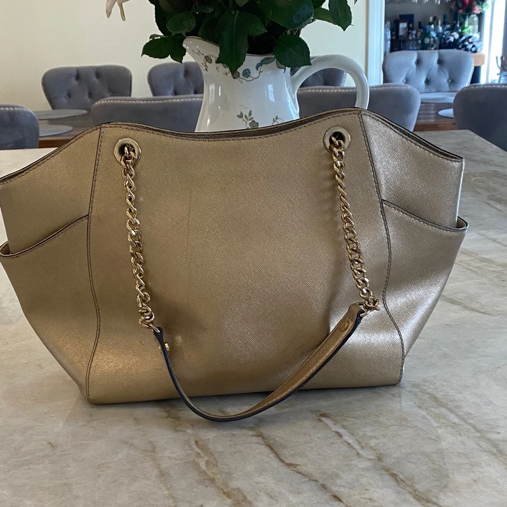 Michael Kors Metallic Gold Tote with Chain-Strap Accents - Picture 2 of 10